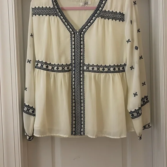 STELLA & DOT MAETTE SHEER BLOUSE SIZE M LINED NAVY EMBROIDERED  BUTTON LS - Picture 2 of 14